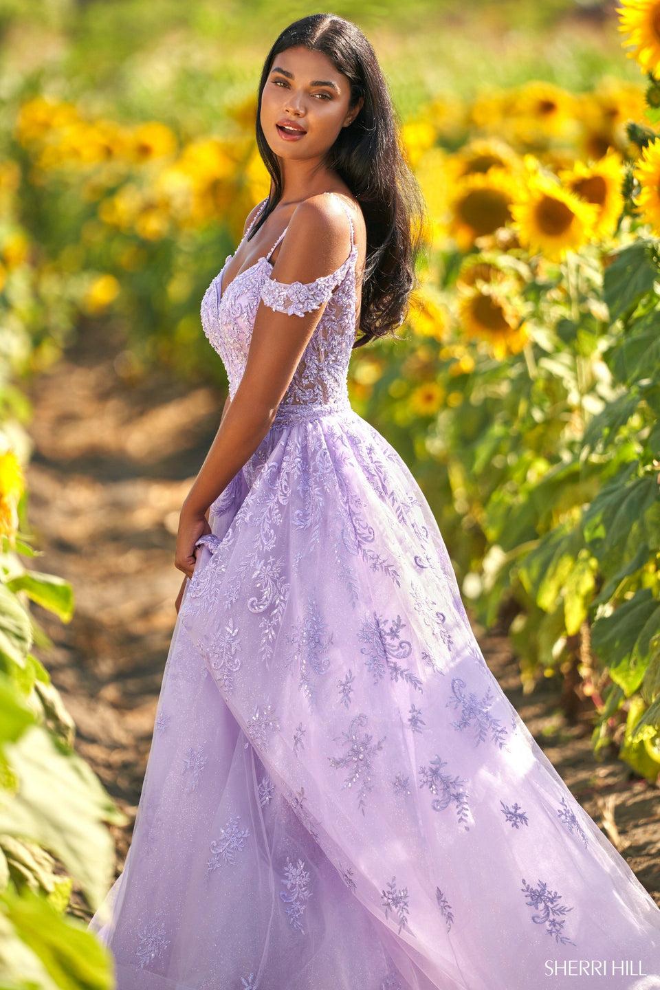 Sherri Hill Lace Gown With Tulle Over Skirt Deep V Sheer Neckline And Off The Shoulder Sleeves