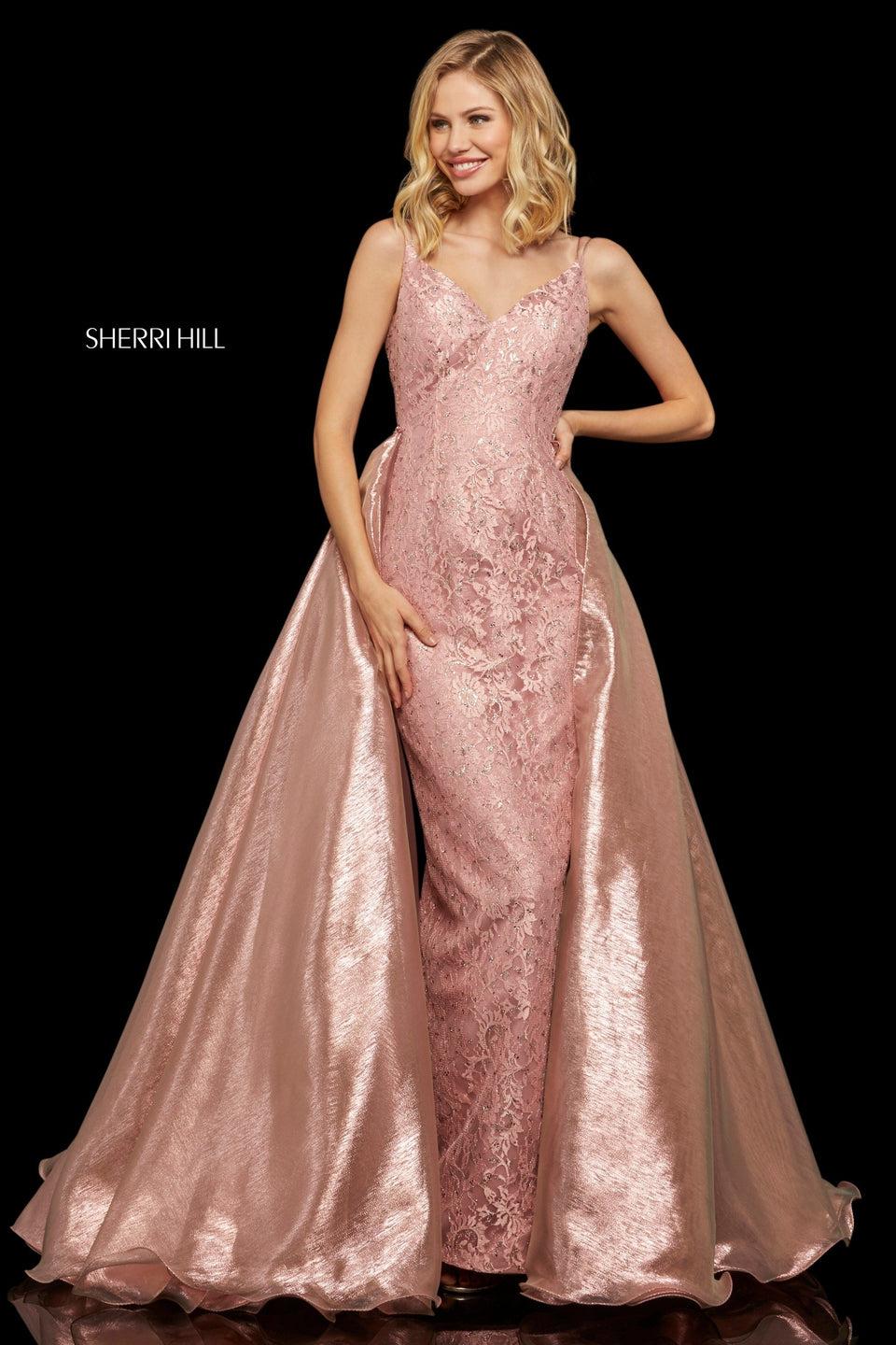sherri hill Lace gown with V sweetheart neckline and metallic organza ball gown over skirt with beaded belt
