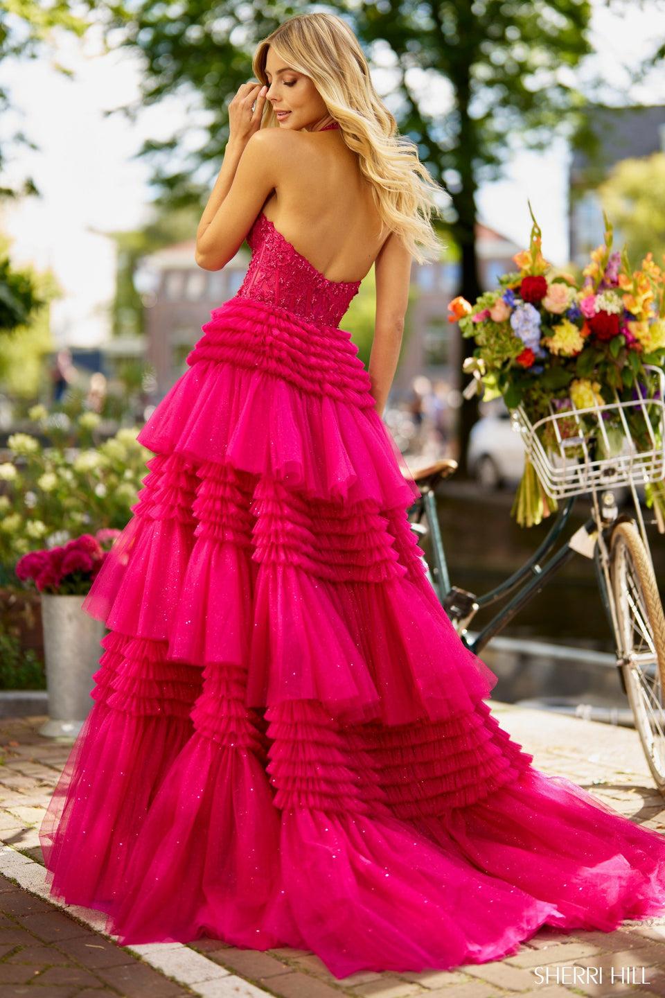Sherri Hill Lace Halter Ball Gown With Deep V-Neckline Tiered Ruffle Skirt And Skirt Slit