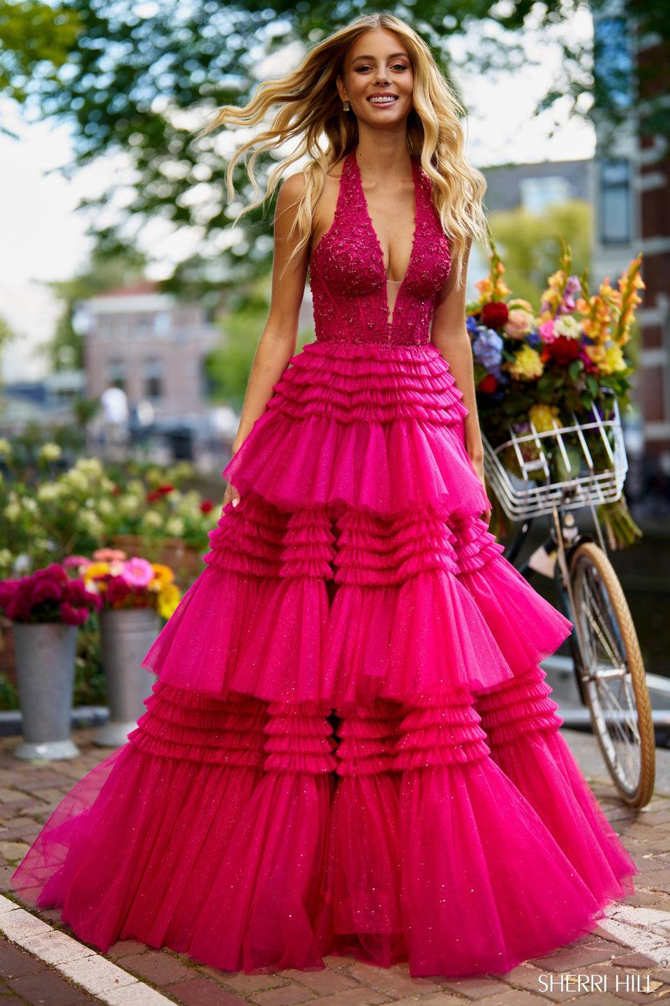 Sherri Hill Lace Halter Ball Gown With Deep V-Neckline Tiered Ruffle Skirt And Skirt Slit