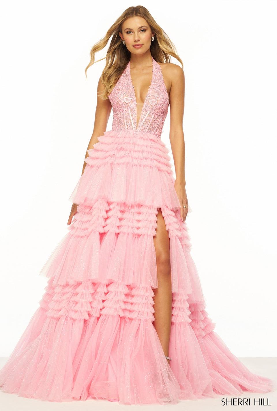 Sherri Hill Lace Halter Ball Gown With Deep V-Neckline Tiered Ruffle Skirt And Skirt Slit