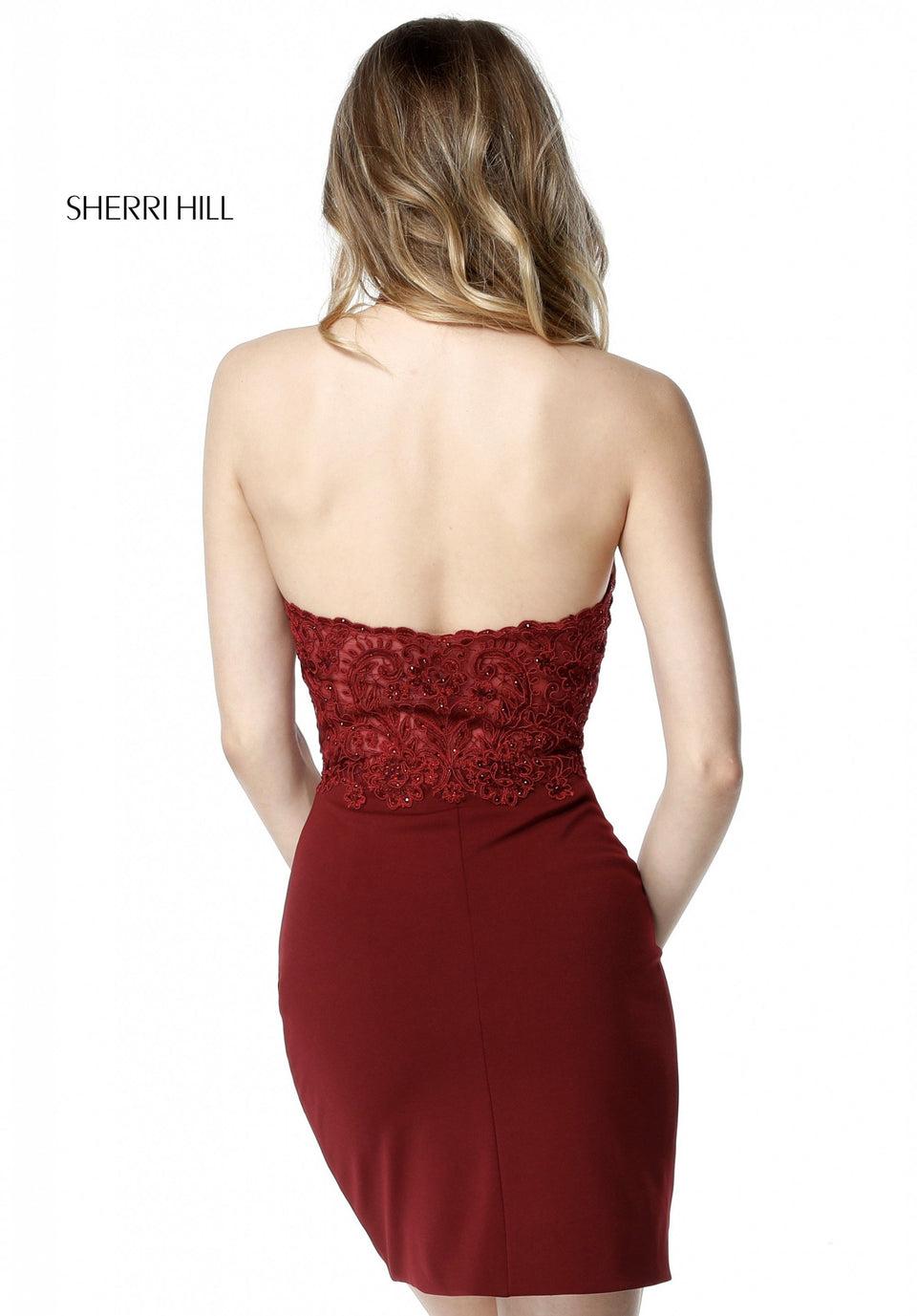 Sherri Hill Lace Halter Bodice With Fitted Scuba Cocktail Skirt
