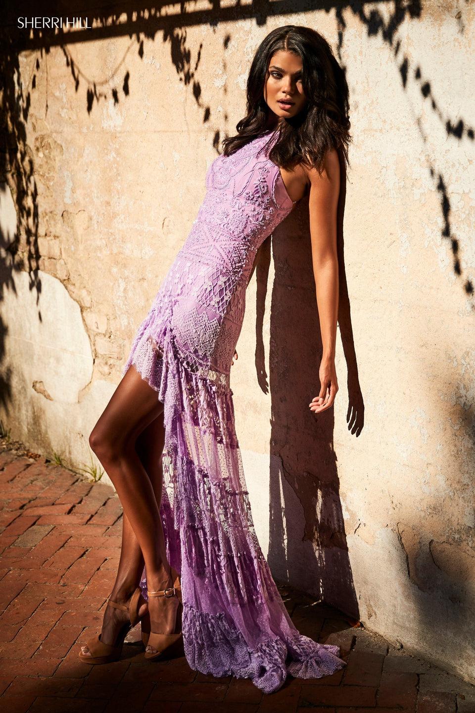 Sherri Hill Lace Halter Neck High-low With Sheer Skirt