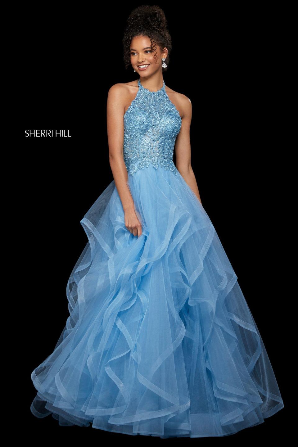 Sherri Hill Lace High Cut Halter Neck Bodice And Ruffle Tulle Ball Gown Skirt