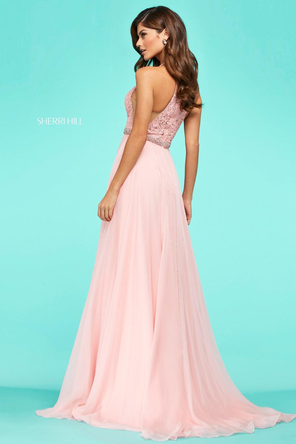 Sherri Hill Lace High Cut Halter Neck Bodice With Beaded Belt And Chiffon Skirt