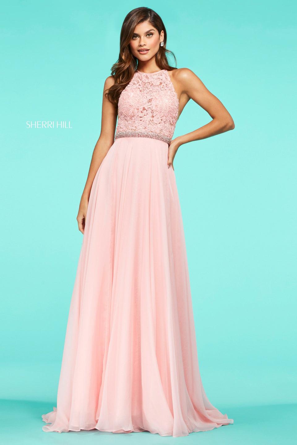sherri hill Lace high cut halter neck bodice with beaded belt and chiffon skirt