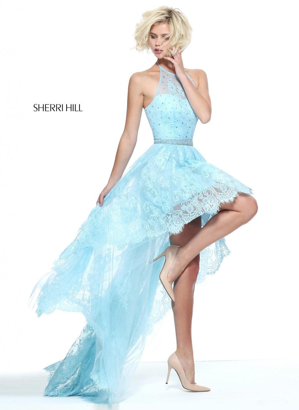 Sherri Hill Lace High-low Dress With Halter Neckline And Beaded Waistband
