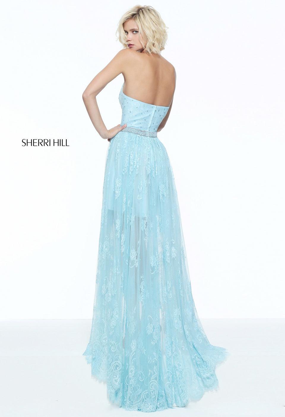 Sherri Hill Lace High-low Dress With Halter Neckline And Beaded Waistband
