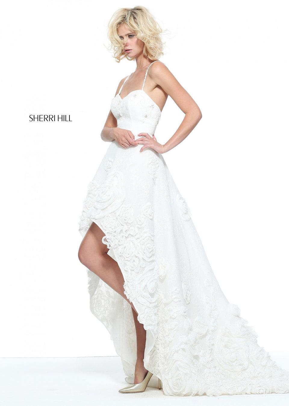 Sherri Hill Lace High Low With Rosette Appliques On The Skirt