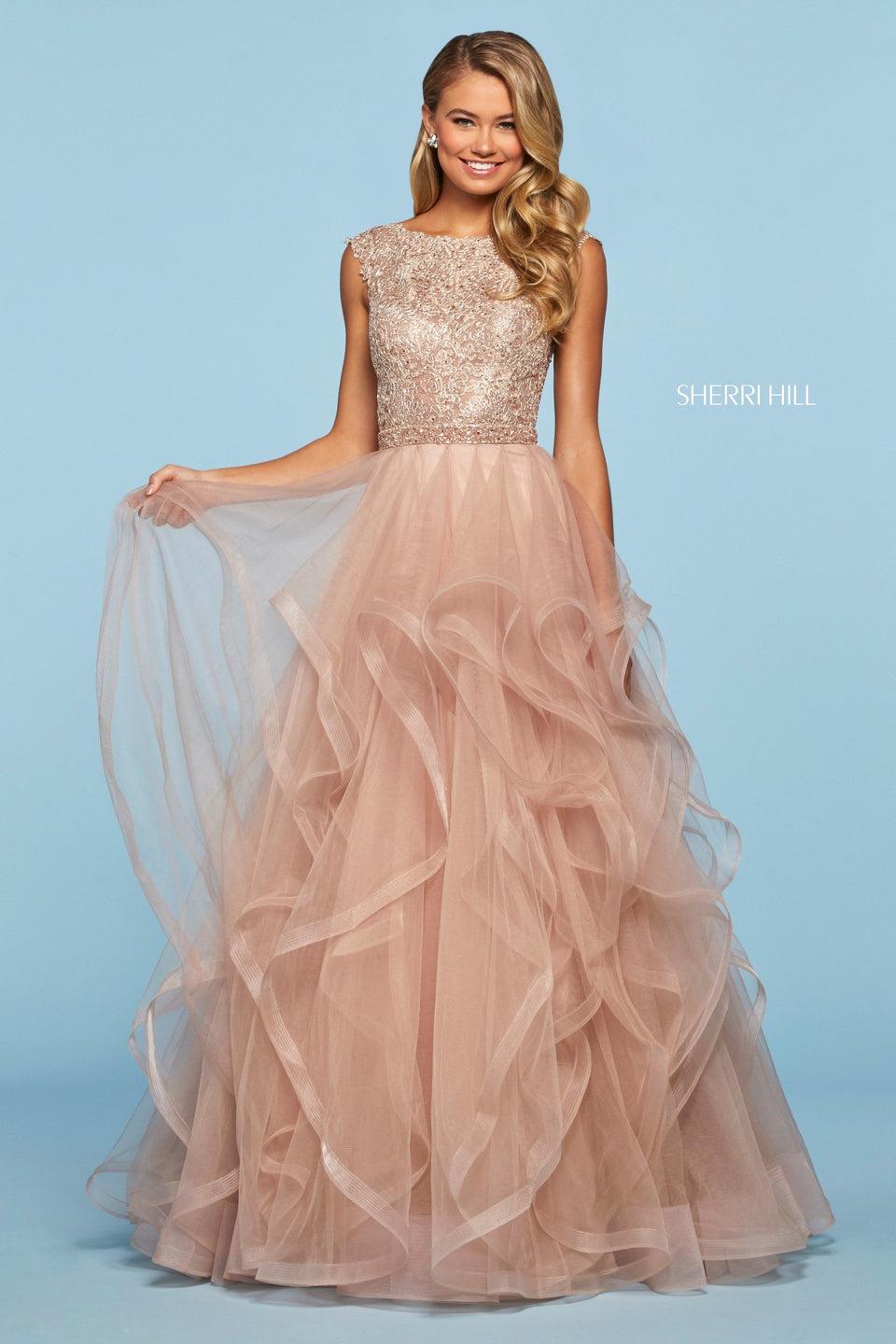 Sherri Hill Lace High Neck Cap Sleeve Bodice With Corset Style Lace Up Back Tulle Ruffle Ball Gown Skirt