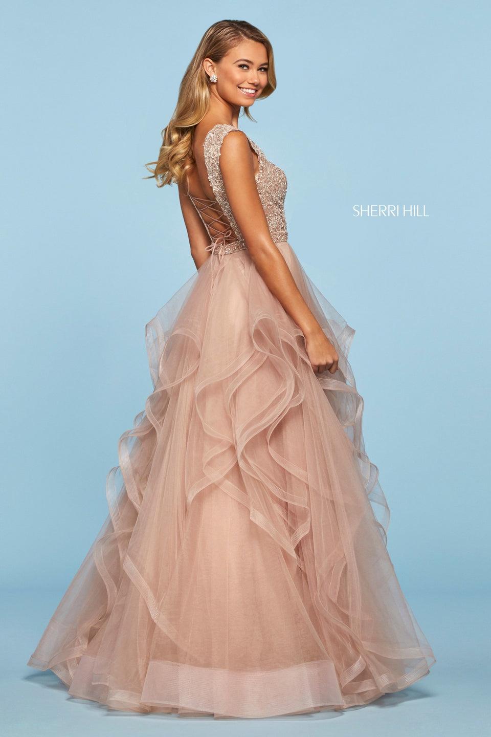 Sherri Hill Lace High Neck Cap Sleeve Bodice With Corset Style Lace Up Back Tulle Ruffle Ball Gown Skirt