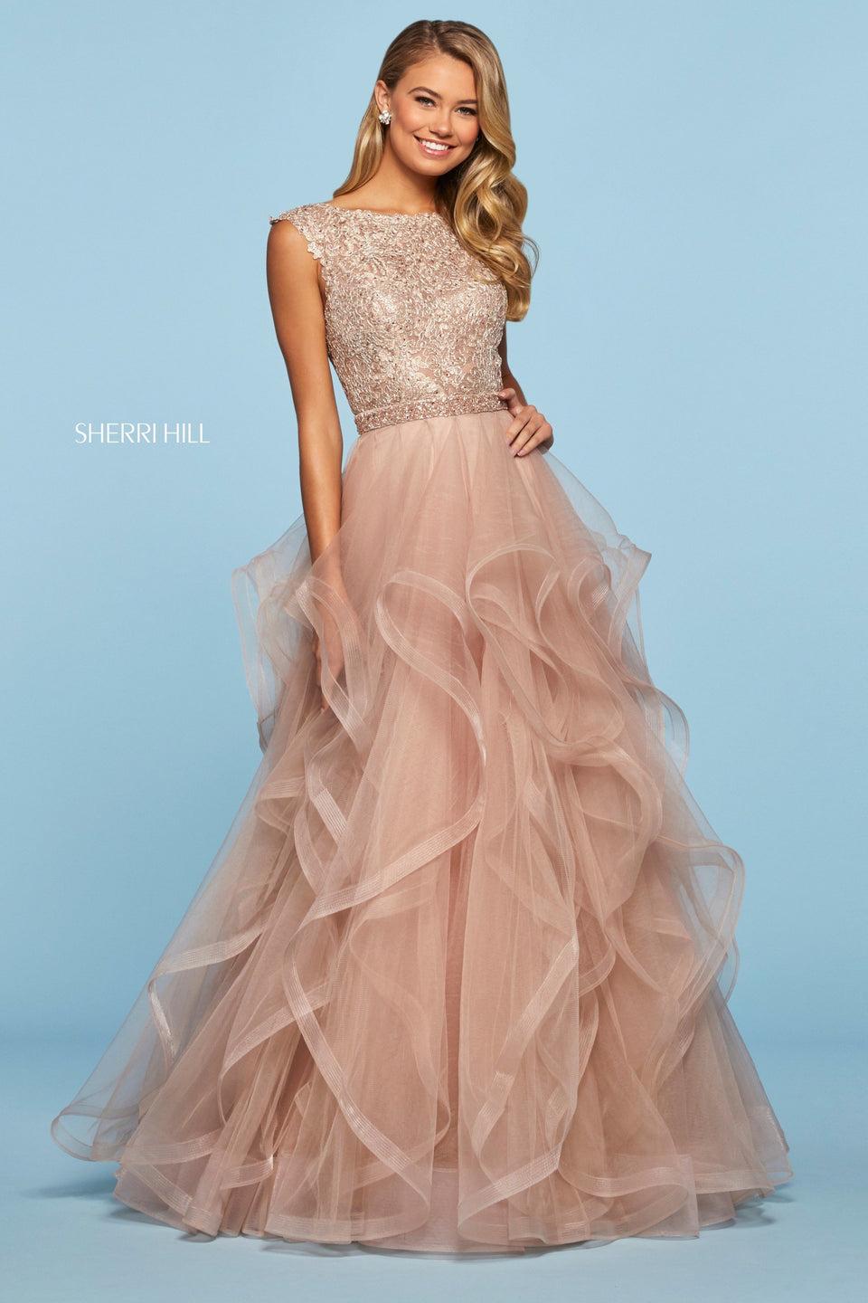 sherri hill Lace high neck cap sleeve bodice with corset style lace up back tulle ruffle ball gown skirt