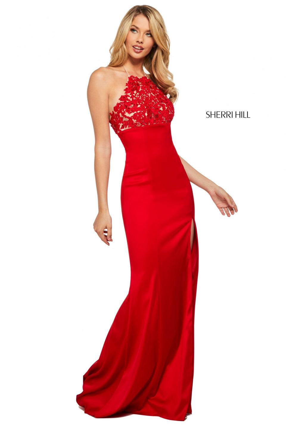 Sherri Hill Lace Illusion Empire Waist Halter Neckline Bodice With Lace Up Back And Ruched Lower Back On Satin Skirt With Slit