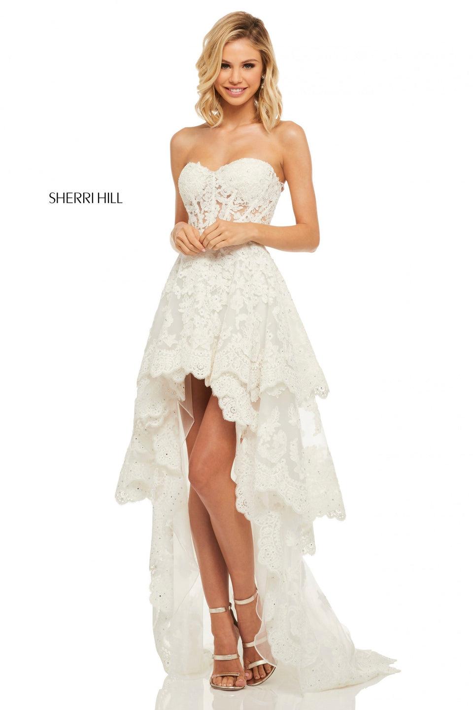 sherri hill Lace layered high-low with a sheer boned bodice and sweetheart neckline