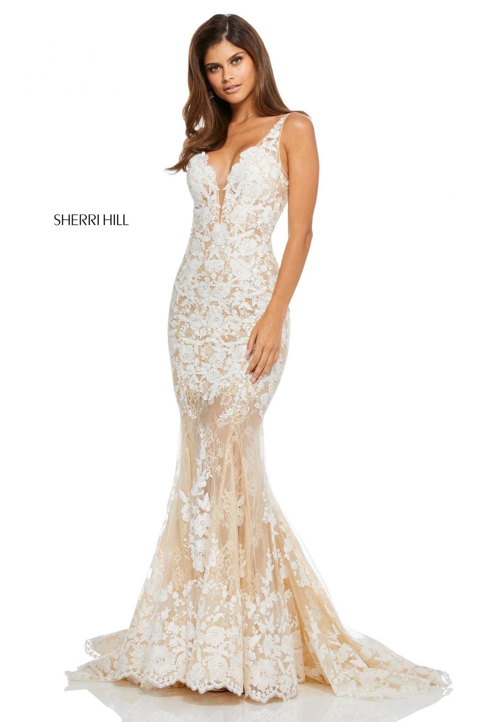 sherri hill Lace mermaid dress with a plunging neckline
