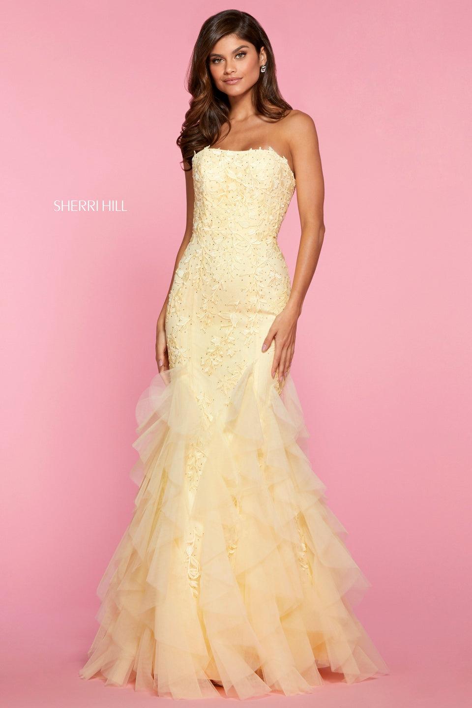 Sherri Hill Lace Mermaid Dress With Embroidery And Embellishements Strapless Neckline And Ruffle Tulle Bottom