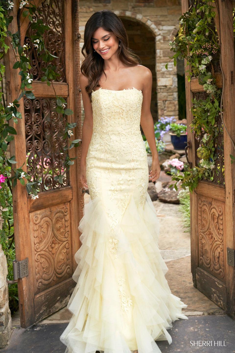 Sherri Hill Lace Mermaid Dress With Embroidery And Embellishements Strapless Neckline And Ruffle Tulle Bottom