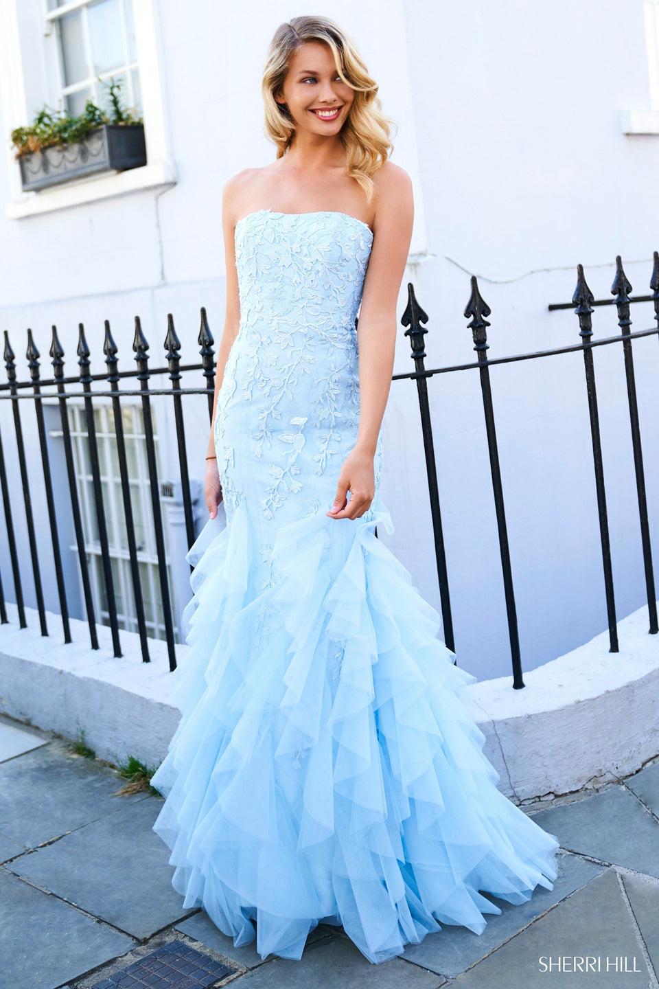 sherri hill Lace mermaid dress with embroidery and embellishements strapless neckline and ruffle tulle bottom