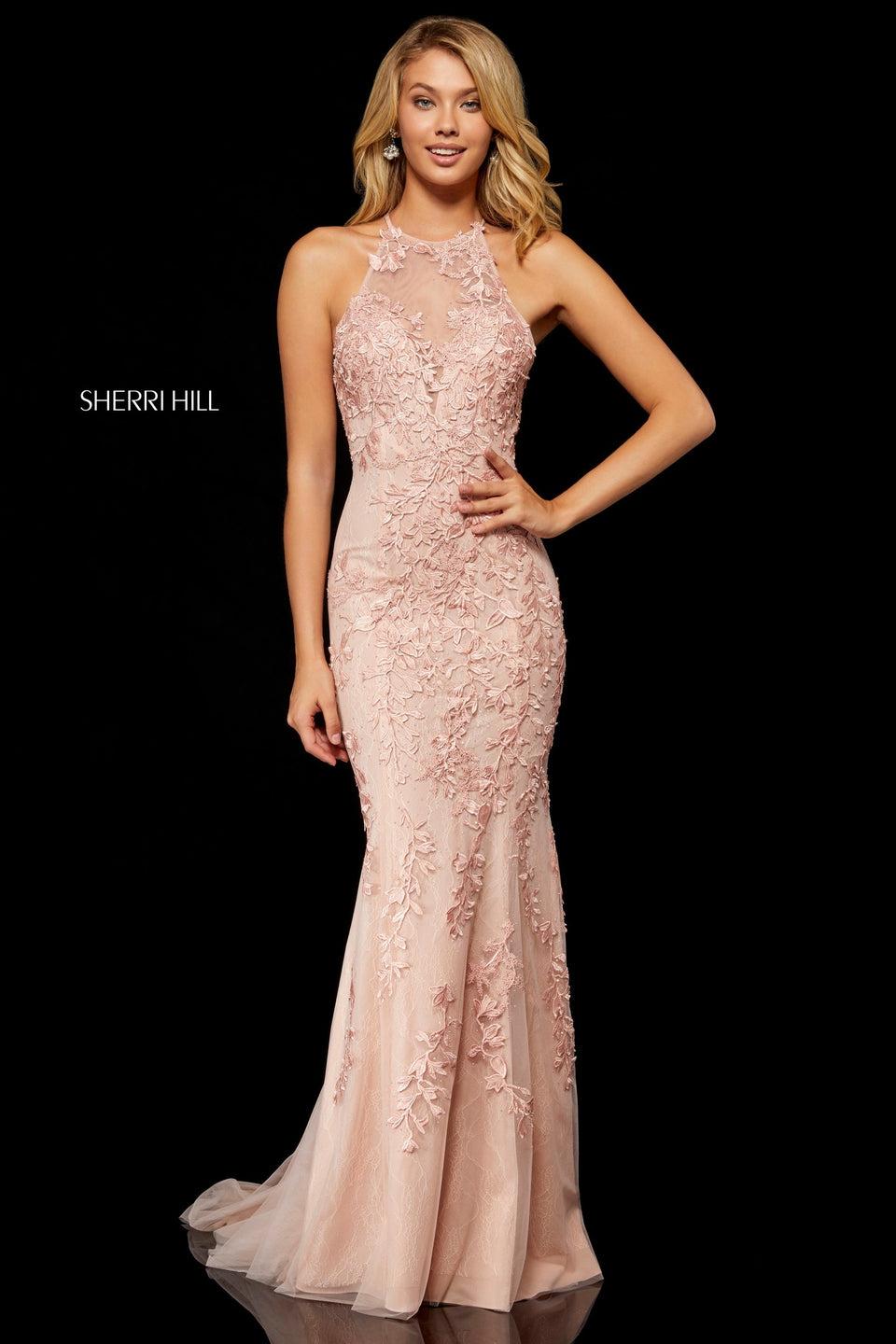 sherri hill Lace mermaid gown with high neck bodice and open back