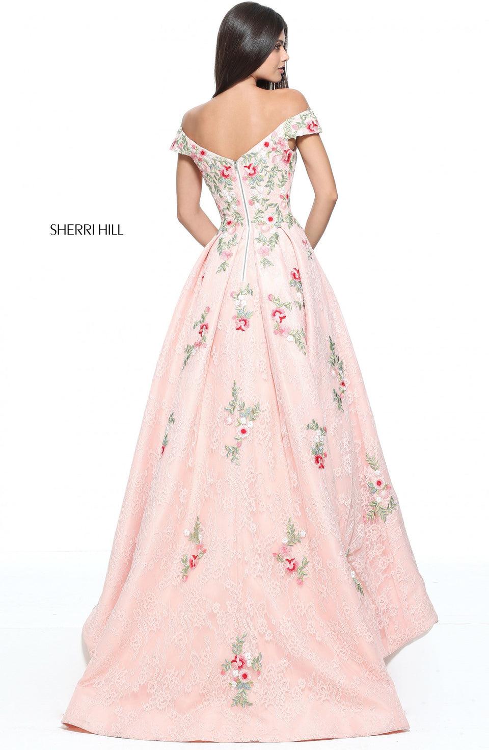 Sherri Hill Lace Off-the-shoulder Ball Gown With Flower Appliques