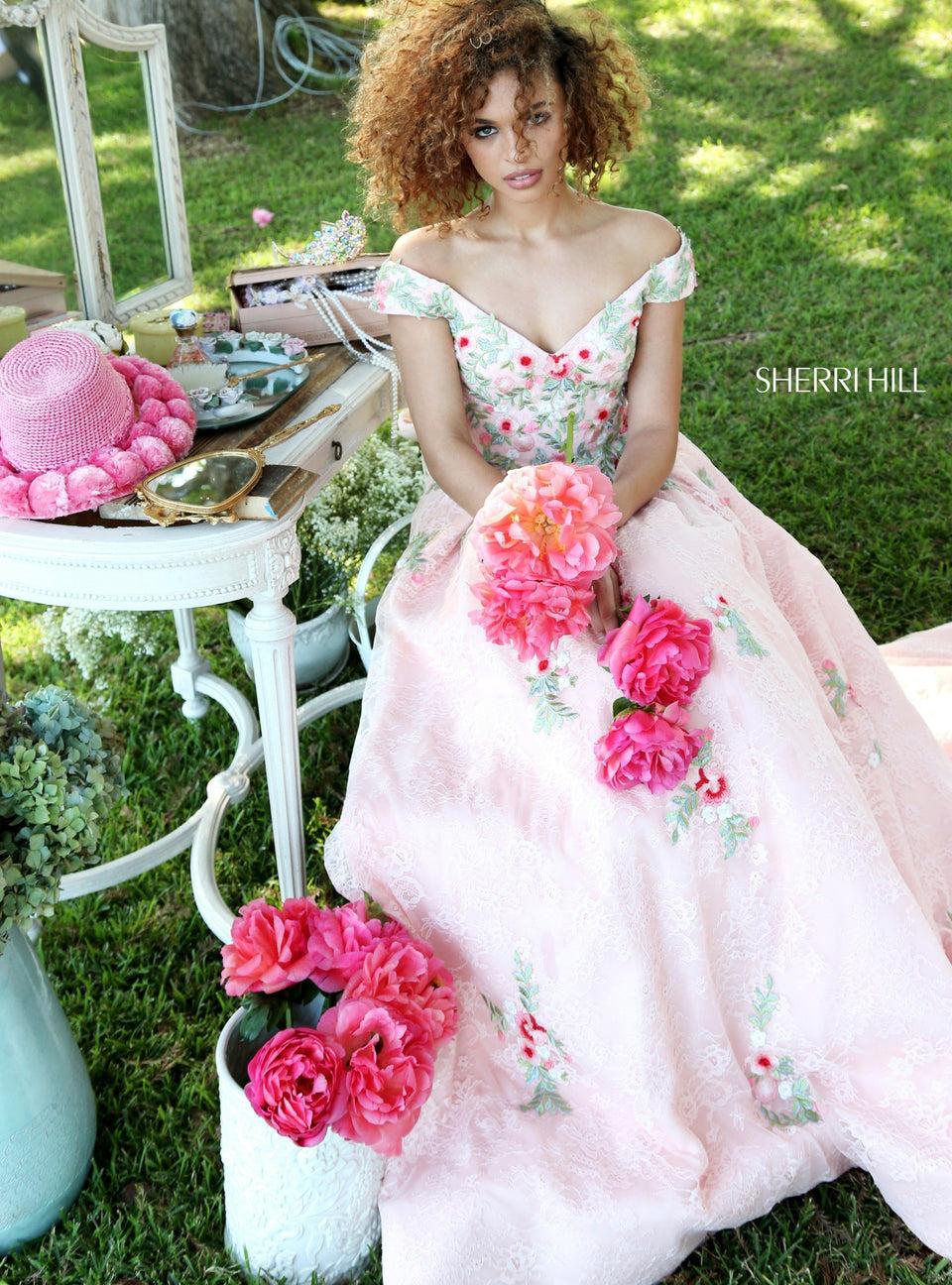 Sherri Hill Lace Off-the-shoulder Ball Gown With Flower Appliques