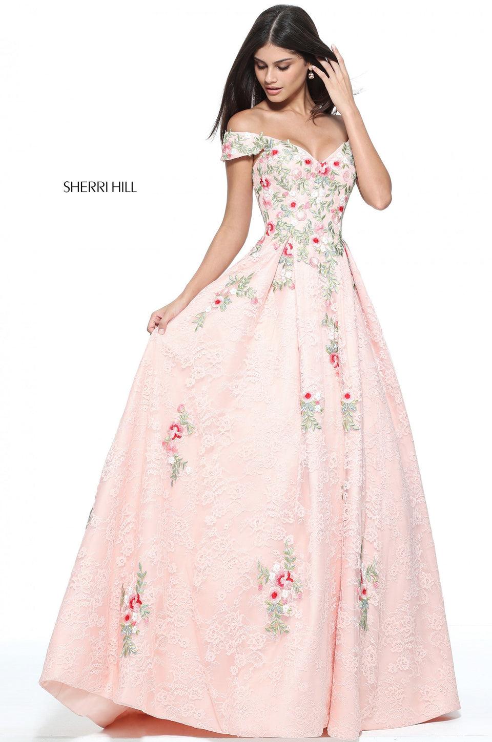 sherri hill Lace off-the-shoulder ball gown with flower appliques