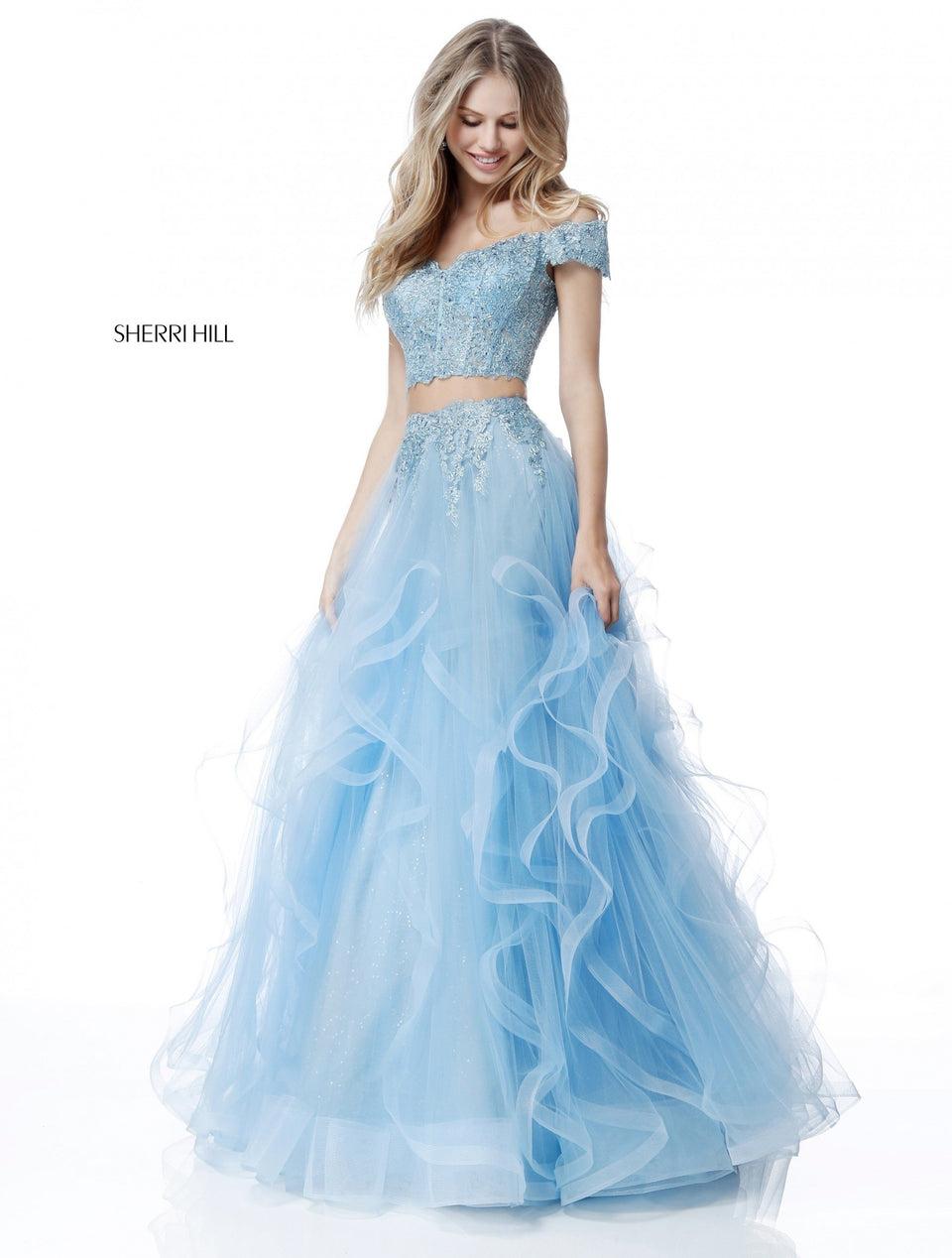Sherri Hill Lace Off-the-shoulder Crop Top And A Ruffled Organza Mermaid Skirt With Lace Applique At The Waist