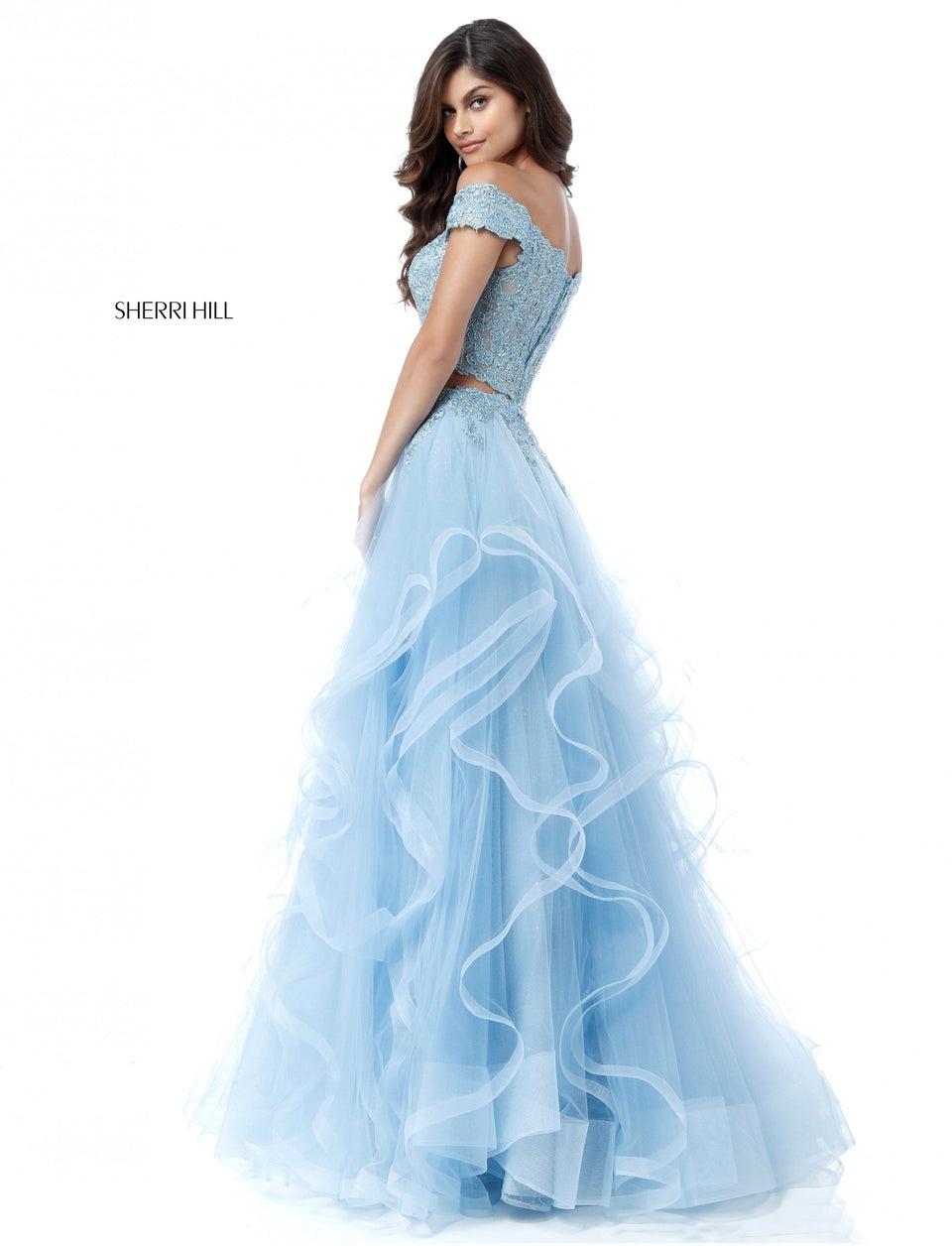 sherri hill Lace off-the-shoulder crop top and a ruffled organza mermaid skirt with lace applique at the waist