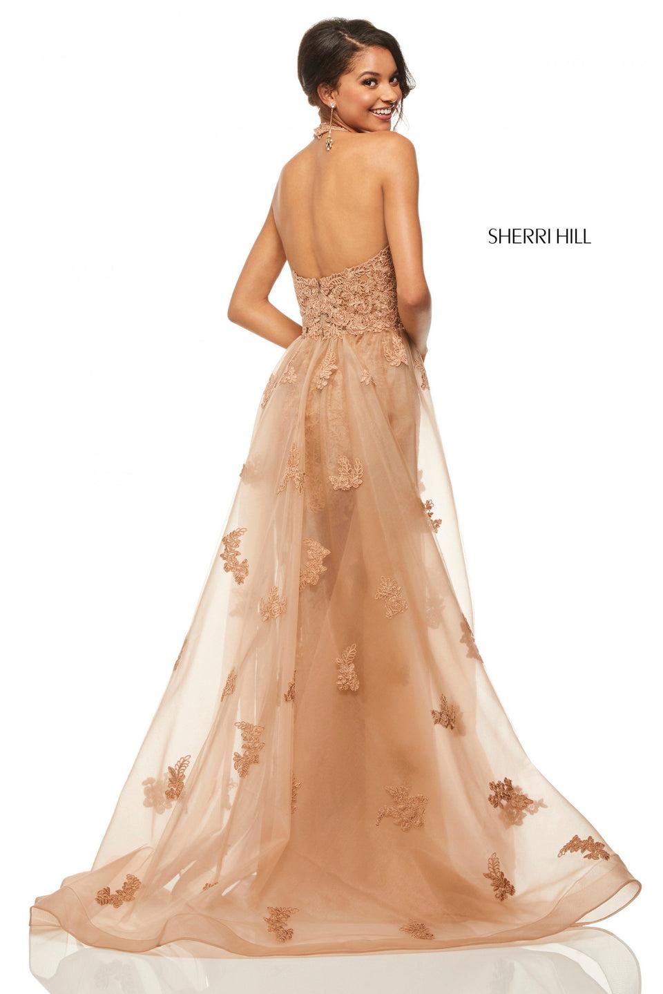 Sherri Hill Lace Plunging Halter Neck Bodice With Organza Overskirt With Lace Applique