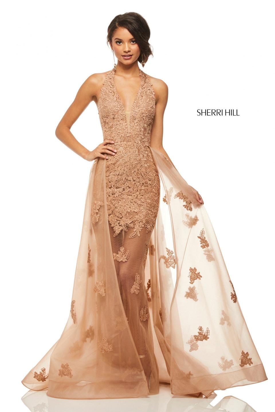 sherri hill Lace plunging halter neck bodice with organza overskirt with lace applique