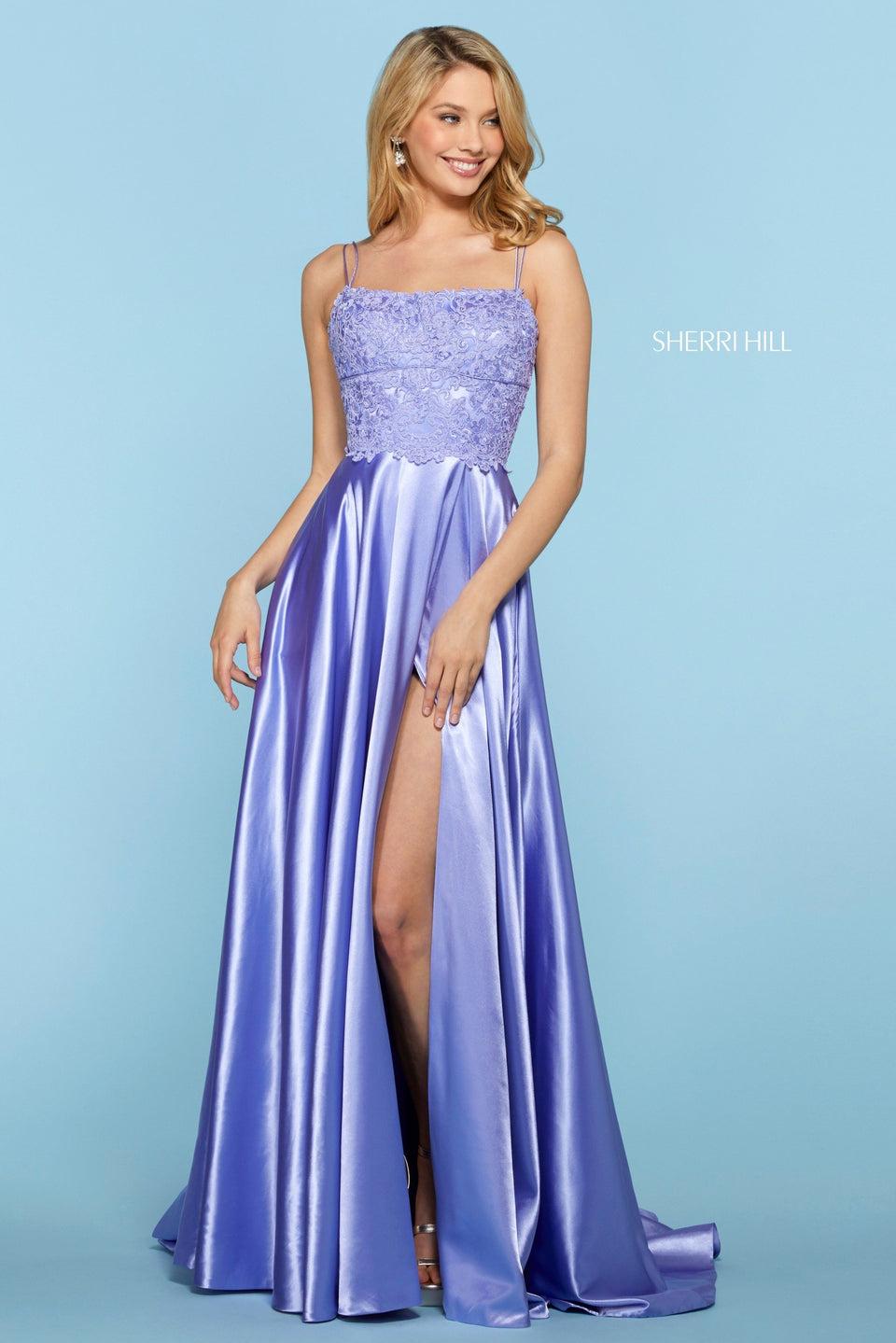 Sherri Hill Lace Straight Neckline Bodice With Spaghetti Straps And Corset Style Lace Up Back Satin Skirt With Slit And Pockets