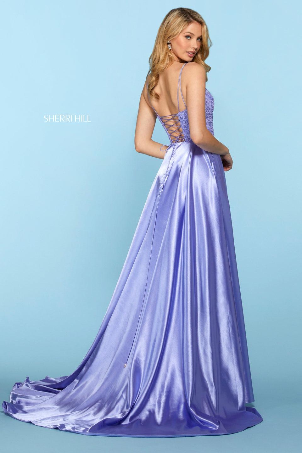 Sherri Hill Lace Straight Neckline Bodice With Spaghetti Straps And Corset Style Lace Up Back Satin Skirt With Slit And Pockets
