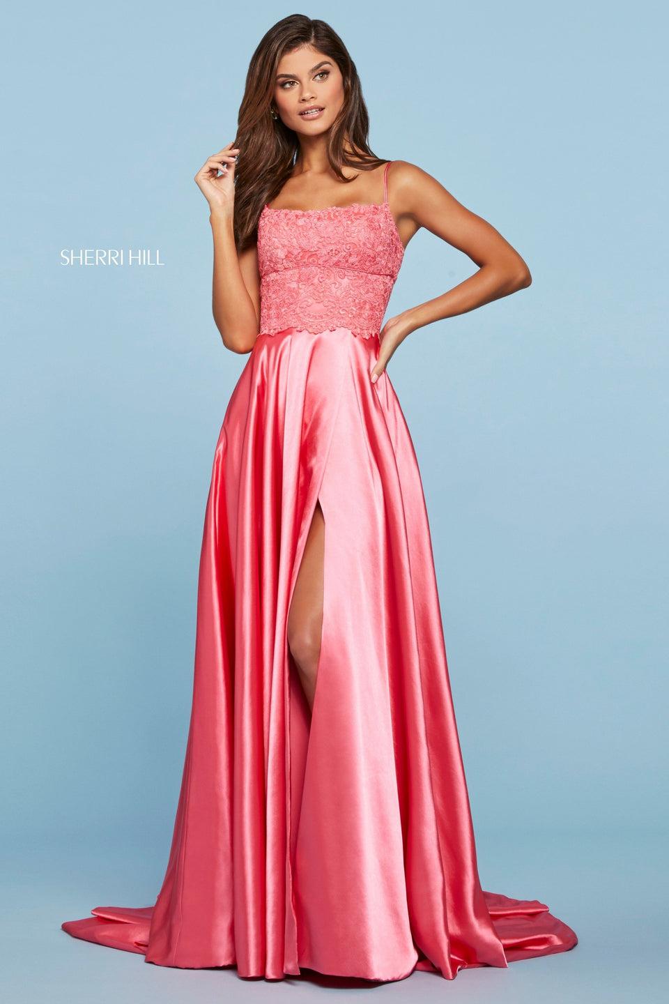 sherri hill Lace straight neckline bodice with spaghetti straps and corset style lace up back satin skirt with slit and pockets