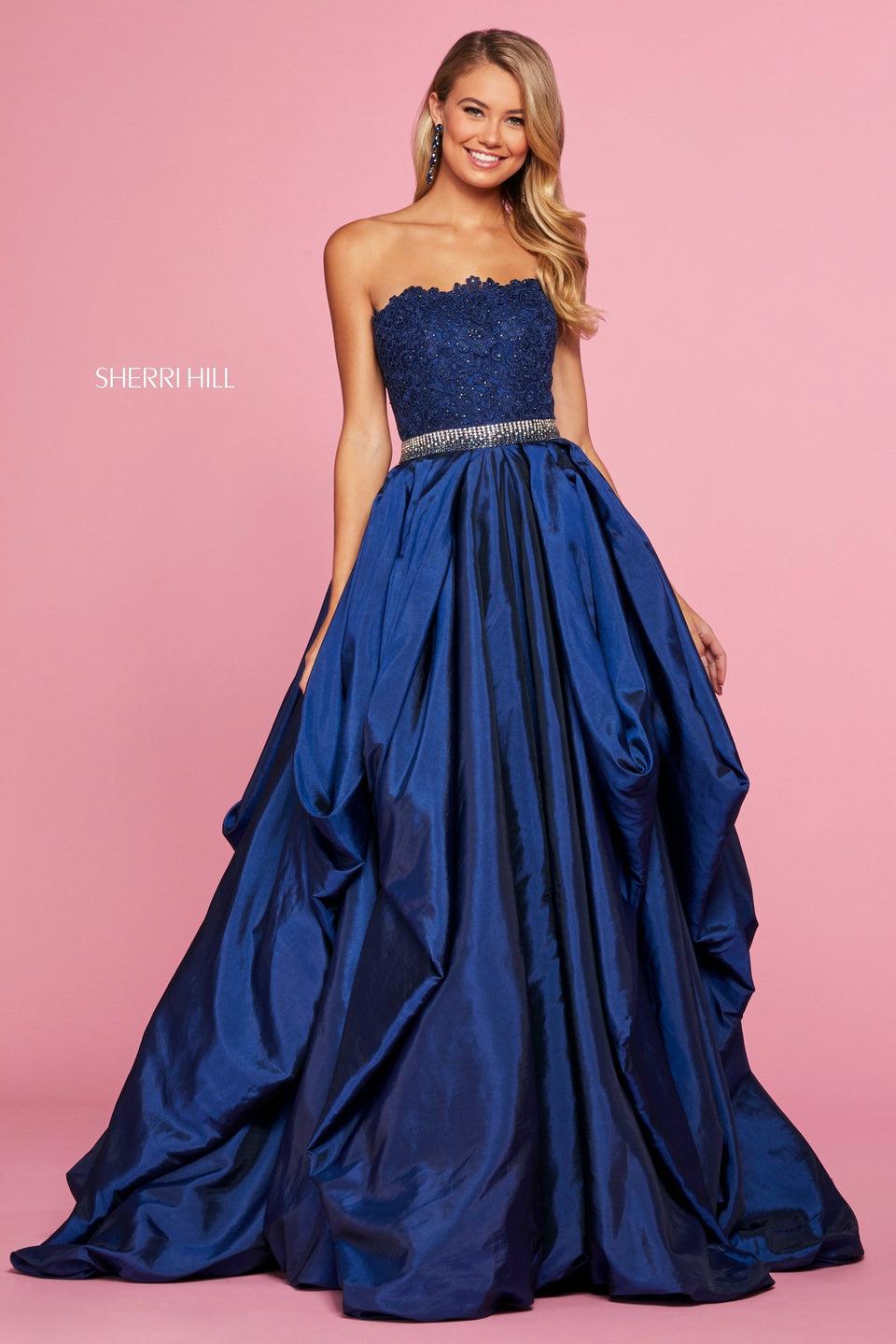 Sherri Hill Lace Strapless Bodice With Beaded Belt With Taffeta Ball Gown Skirt