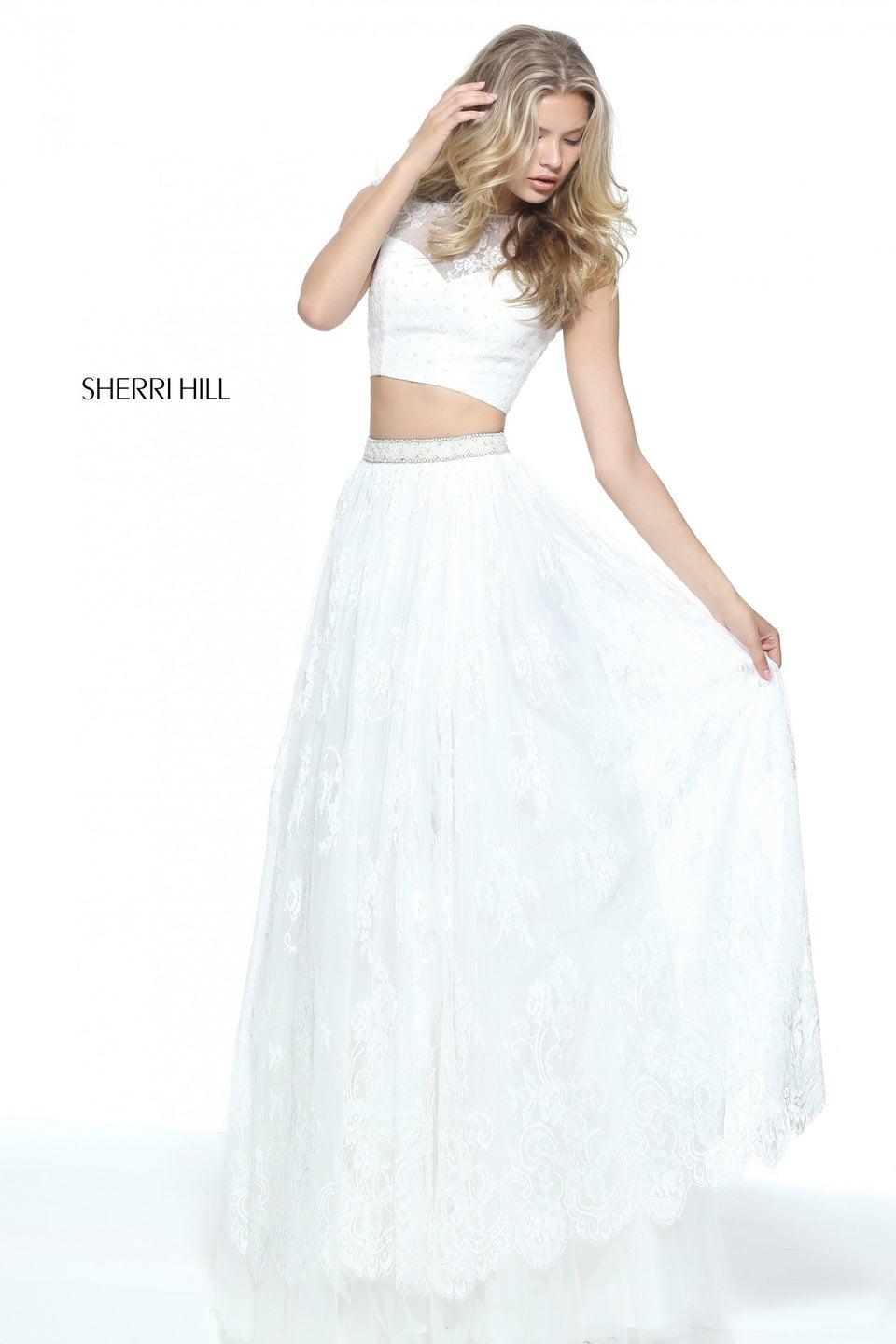 Sherri Hill Lace Two-piece With A Cap Sleeve Bodice And Beaded Waist Band