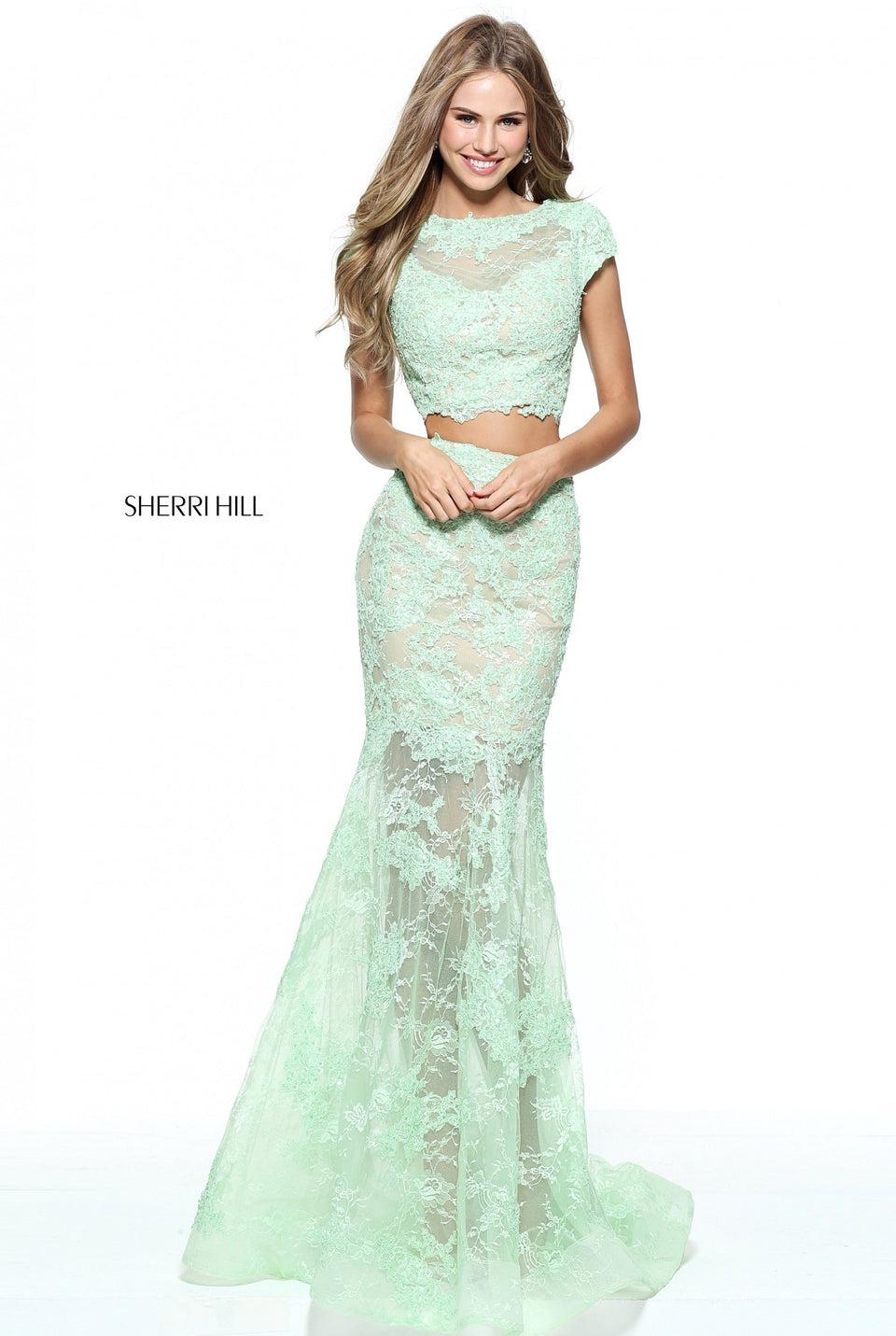 sherri hill Lace two piece with a cap sleeve bodice and sheer skirt