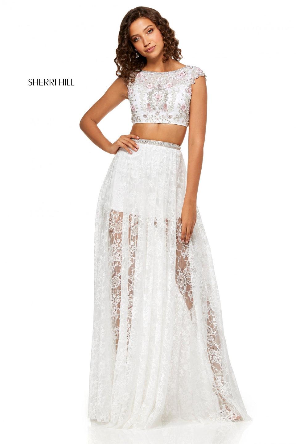 Sherri Hill Lace Two-piece With Beading And Embroidery On A Cap Sleeve Bodice And Sheer Skirt