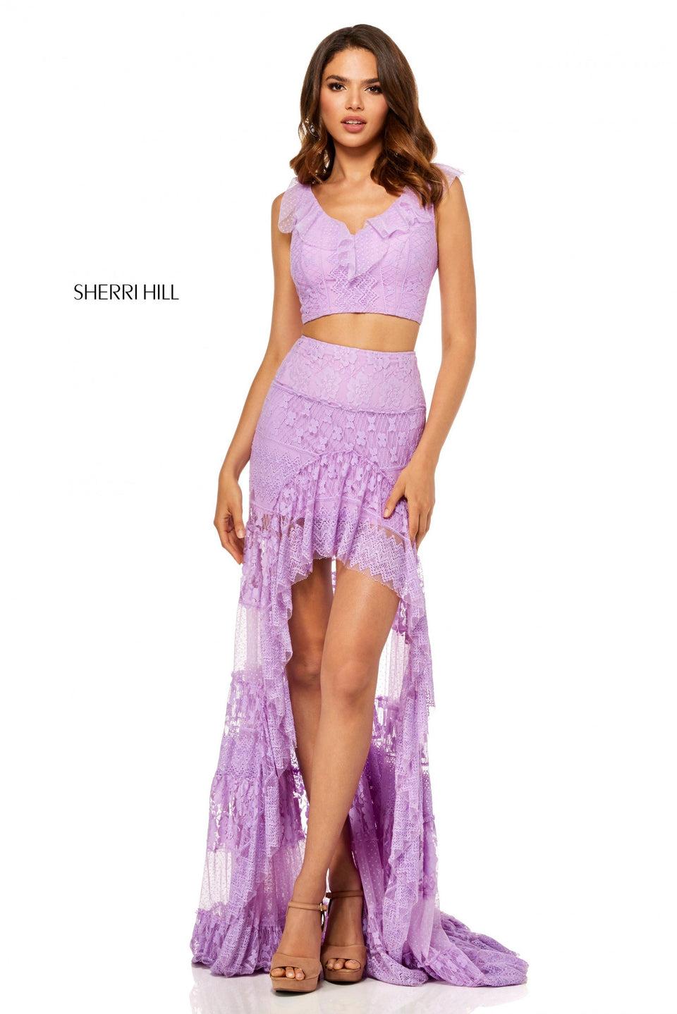 Sherri Hill Lace Two-piece With Ruffle Crop Top And Sheer High-low Skirt