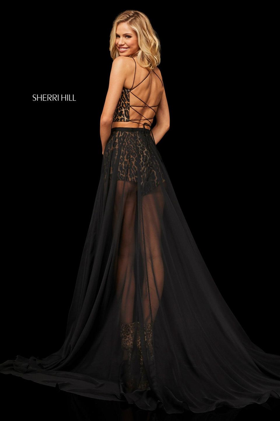 Sherri Hill Lace Up Back Animal Print Crop Top And Animal Print Shorts With A Black Detachable Chiffon Over Skirt