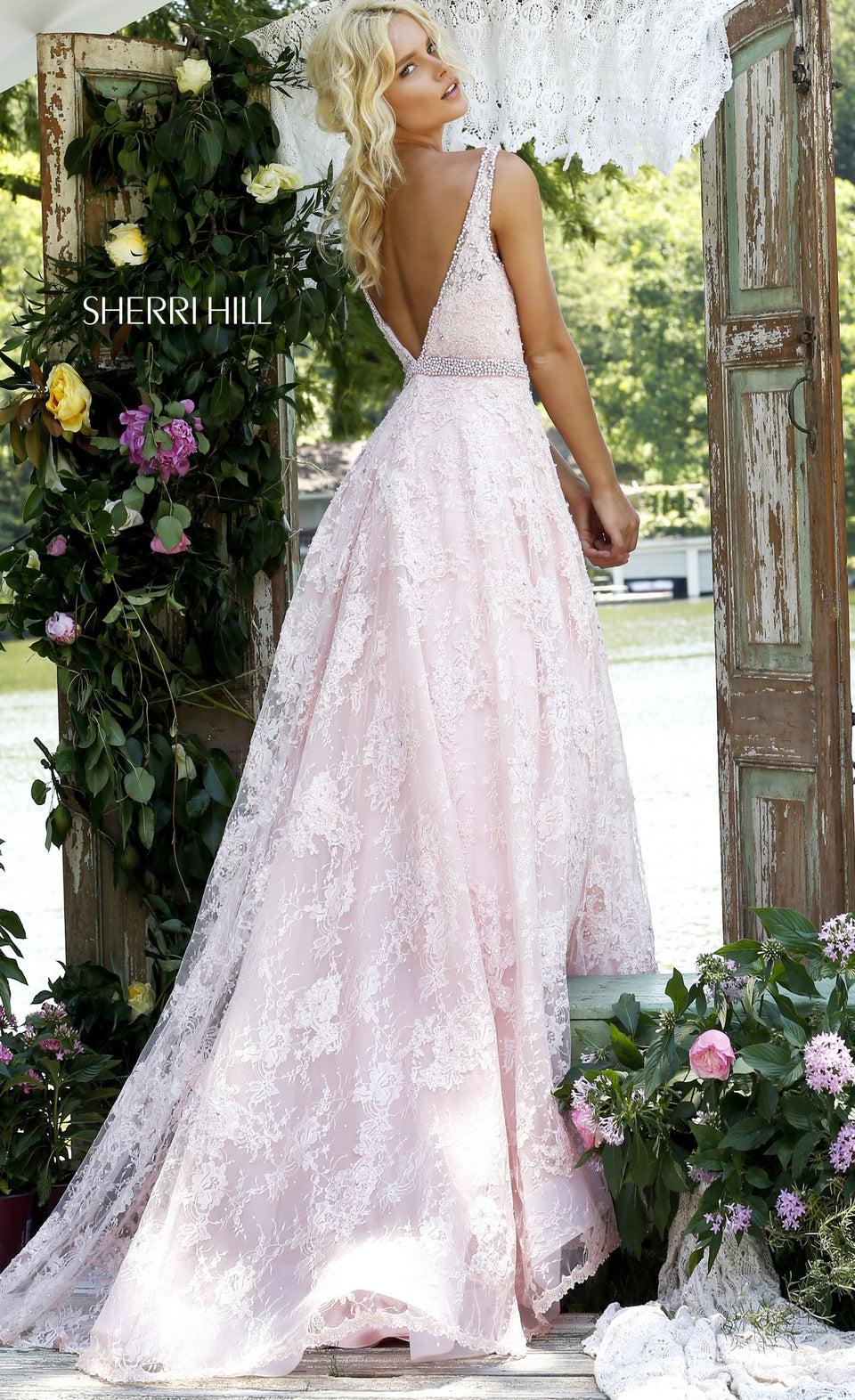 Sherri Hill Lace V-neck Ball Gown With A Pearl Encrusted Pearl Belt