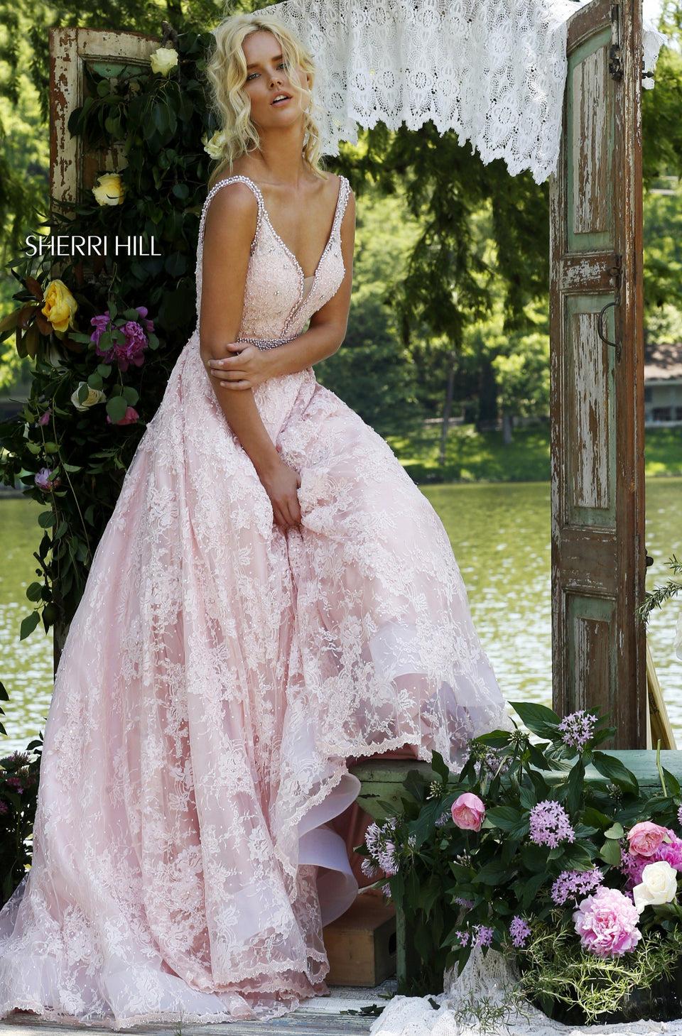 sherri hill Lace v-neck ball gown with a pearl encrusted pearl belt