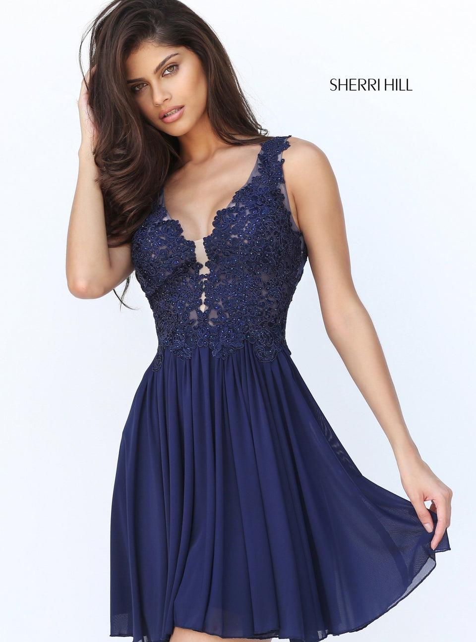Sherri Hill Lace V Neck Bodice With Low Back And Chiffon Skirt