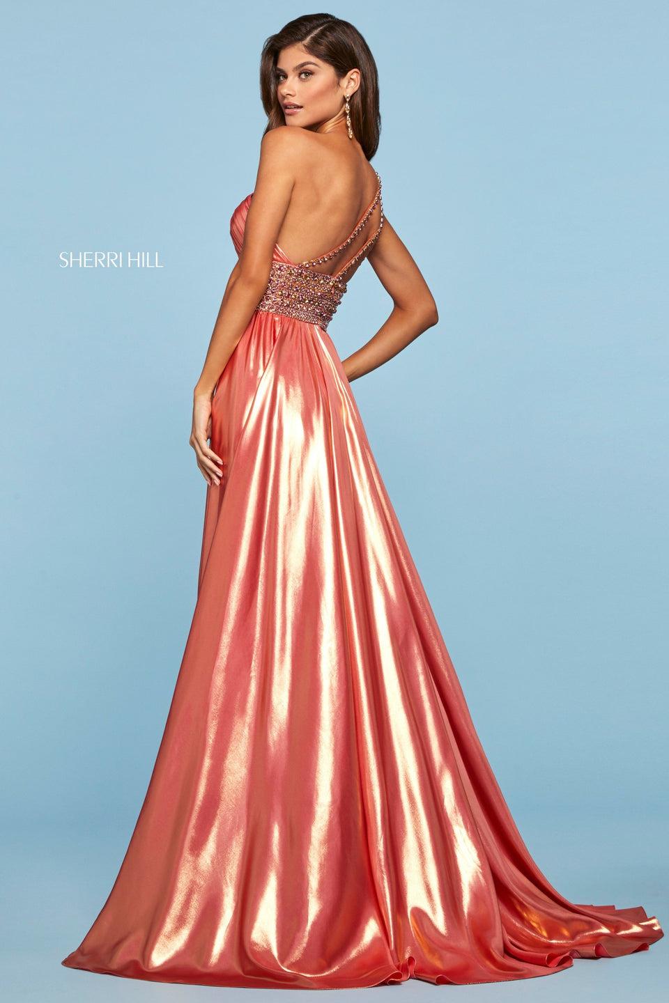 Sherri Hill Lamé Gown With Ruched One Shoulder Bodice With Beaded Waistband And Straps