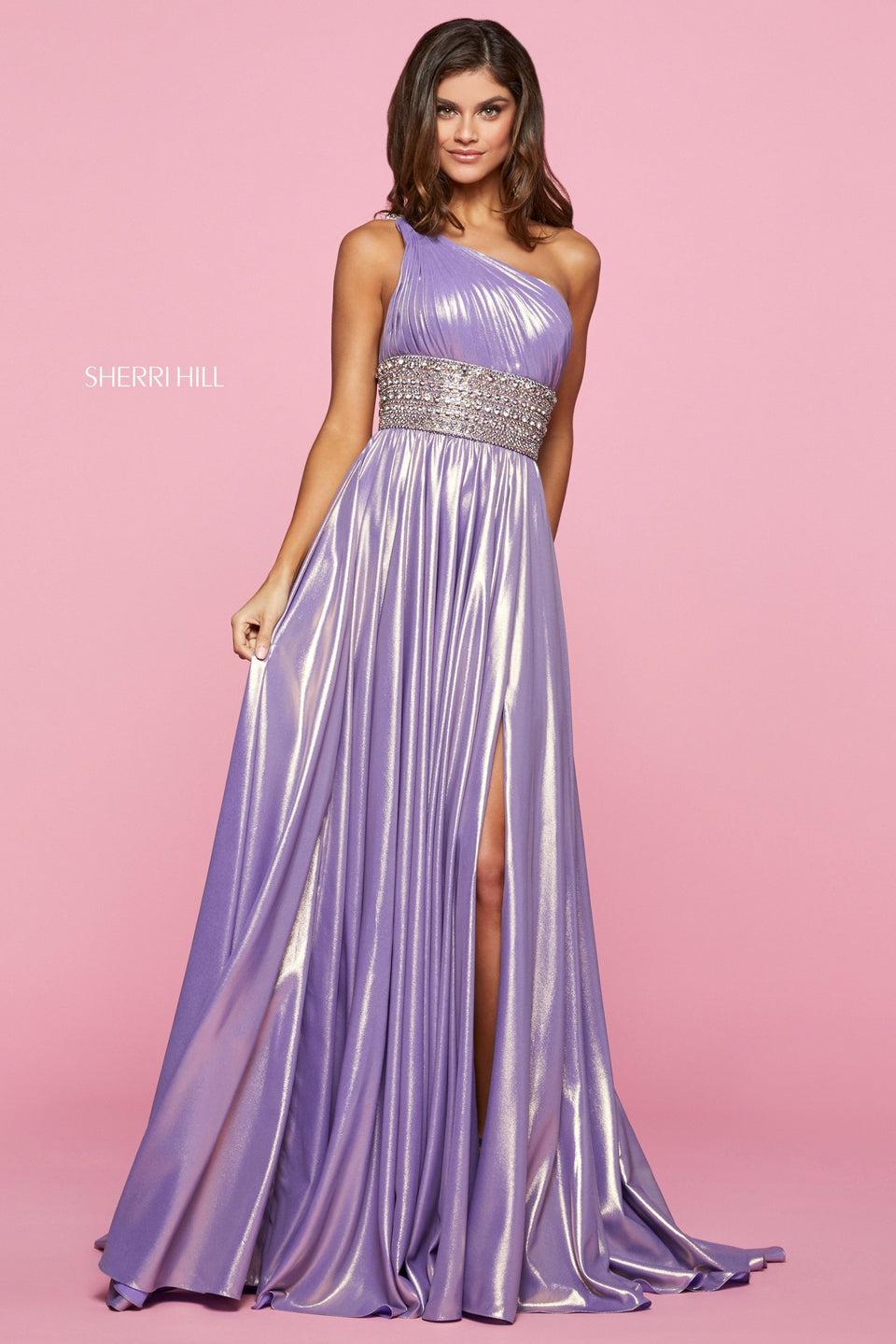 Sherri Hill Lamé Gown With Ruched One Shoulder Bodice With Beaded Waistband And Straps