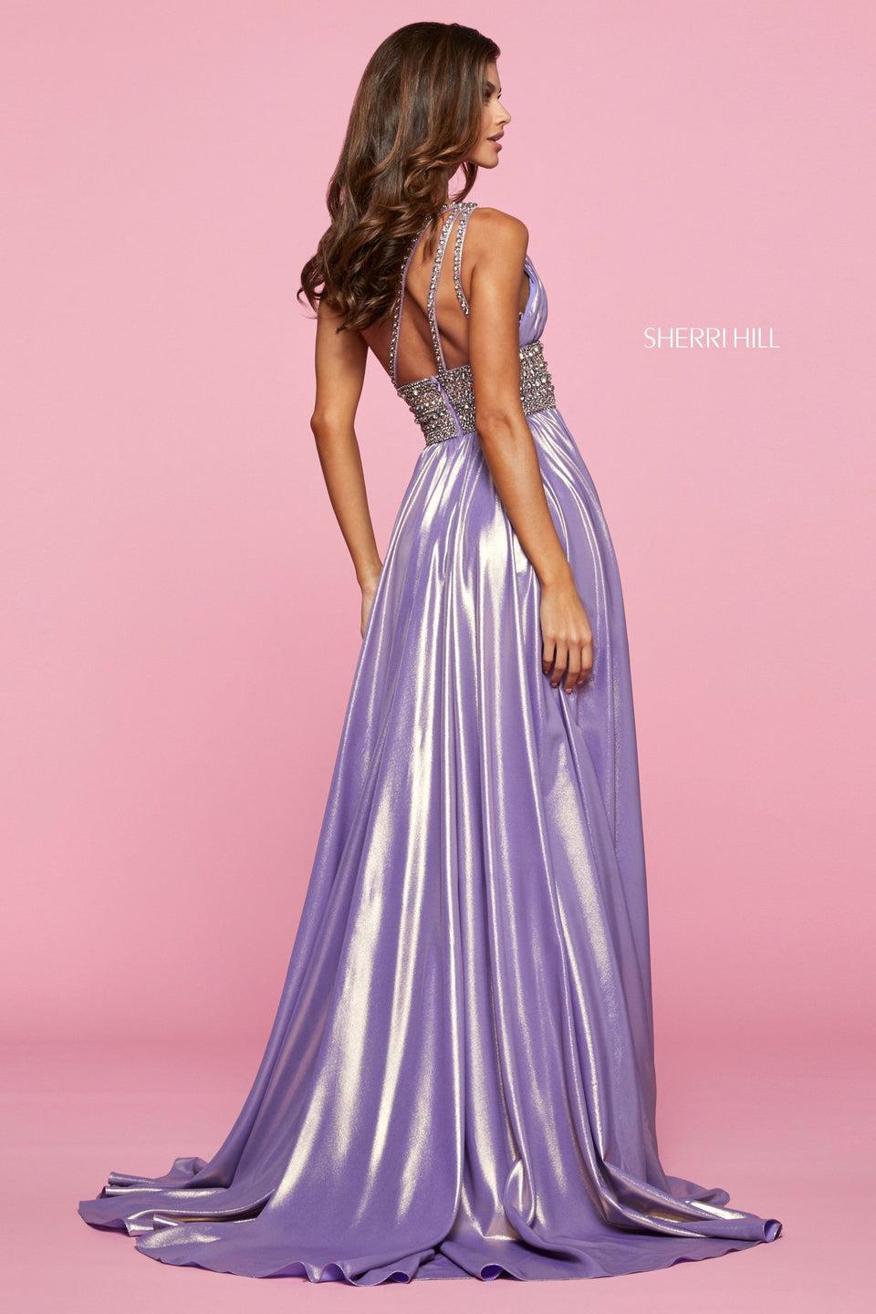 Sherri Hill Lamé Gown With Ruched One Shoulder Bodice With Beaded Waistband And Straps