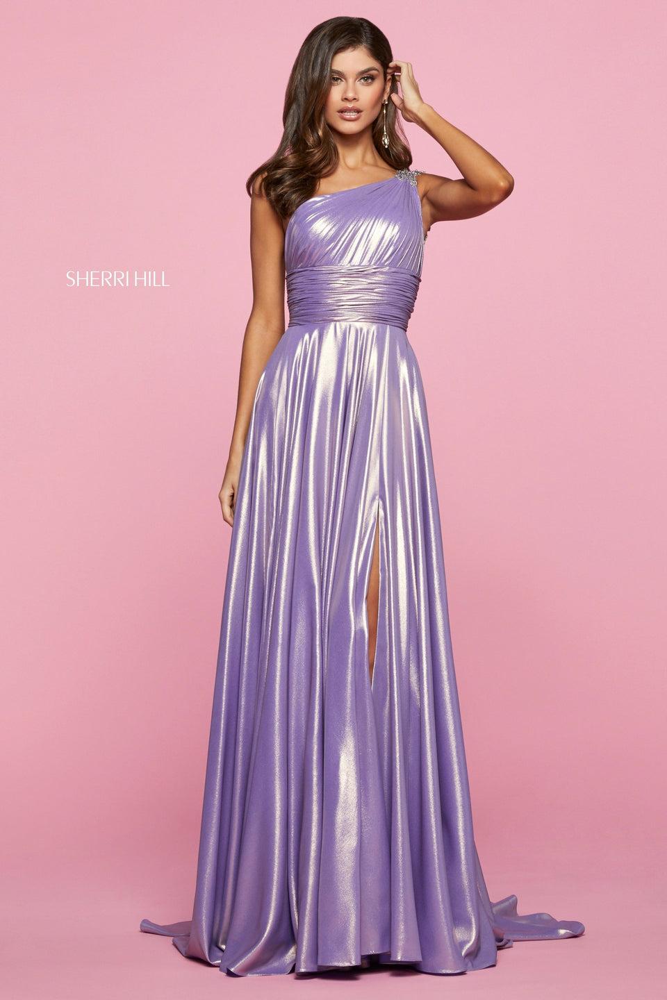 Sherri Hill LamÃ© Gown With Ruched One Shoulder Bodice With Beaded Straps