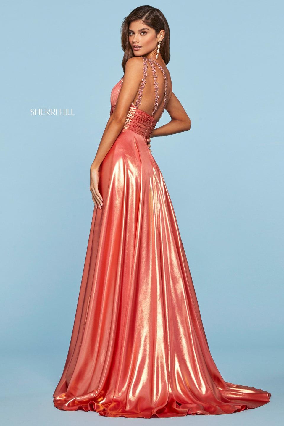 sherri hill LamÃ© gown with ruched one shoulder bodice with beaded straps