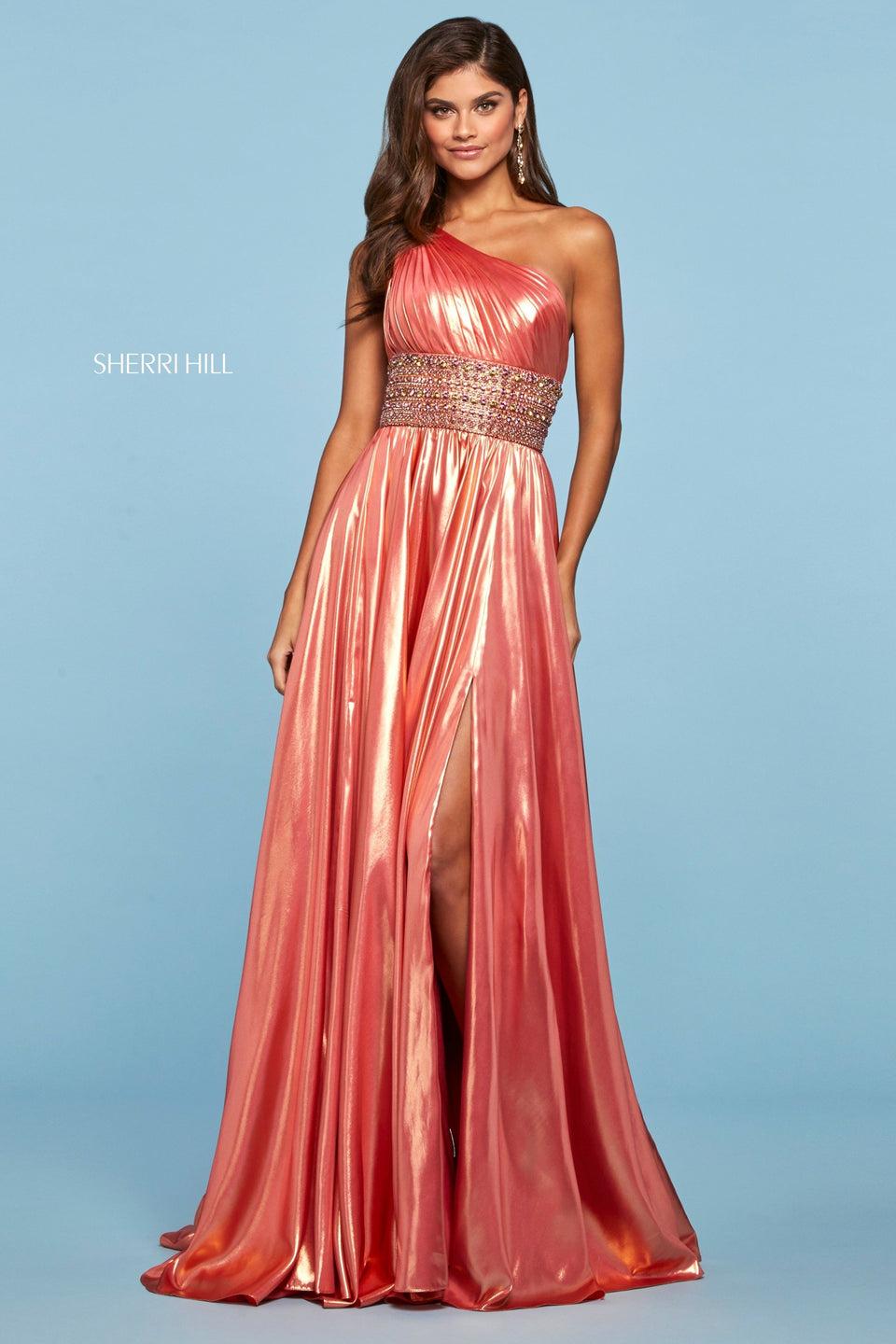 sherri hill LamÃ© gown with ruched one shoulder bodice with beaded waistband and straps