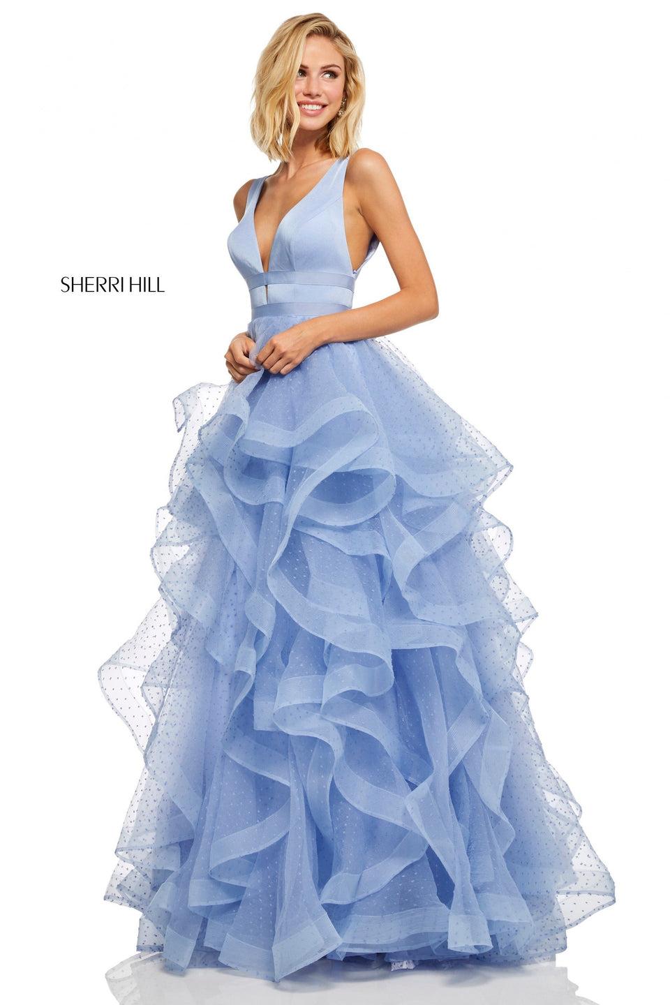 Sherri Hill Layered Ruffle Point Desprit Ball Gown With Plunging Neckline