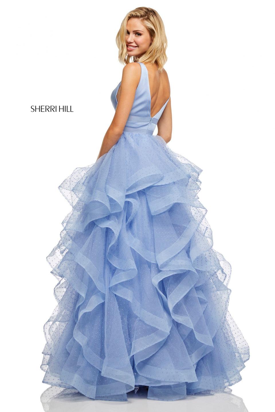 Sherri Hill Layered Ruffle Point Desprit Ball Gown With Plunging Neckline